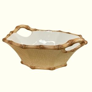 PIER 1 IMPORTS Cabana mat with bamboo edge ceramic  bread vegetable serving bowl